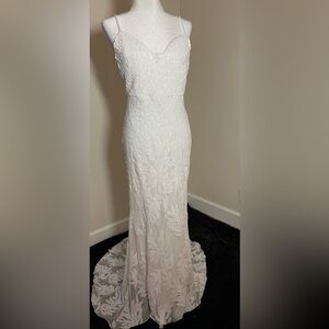 Fashion Nova Ivory Lace Floral Sequin Slip Gown with Train